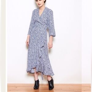 Rodebjer Miliana Dress Deep Sea Blue wrap maxi dress long sleeve size small